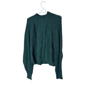Blue Rain Sweater Womens Large Green Chunky Cable Knit Mock Neck Raglan Pullover
